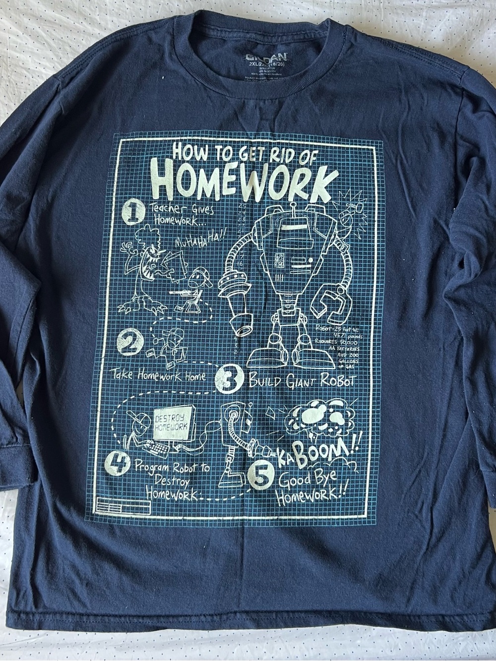 Gildan Navy Blue Long Sleeve Tee with White Homework Robot Graphic